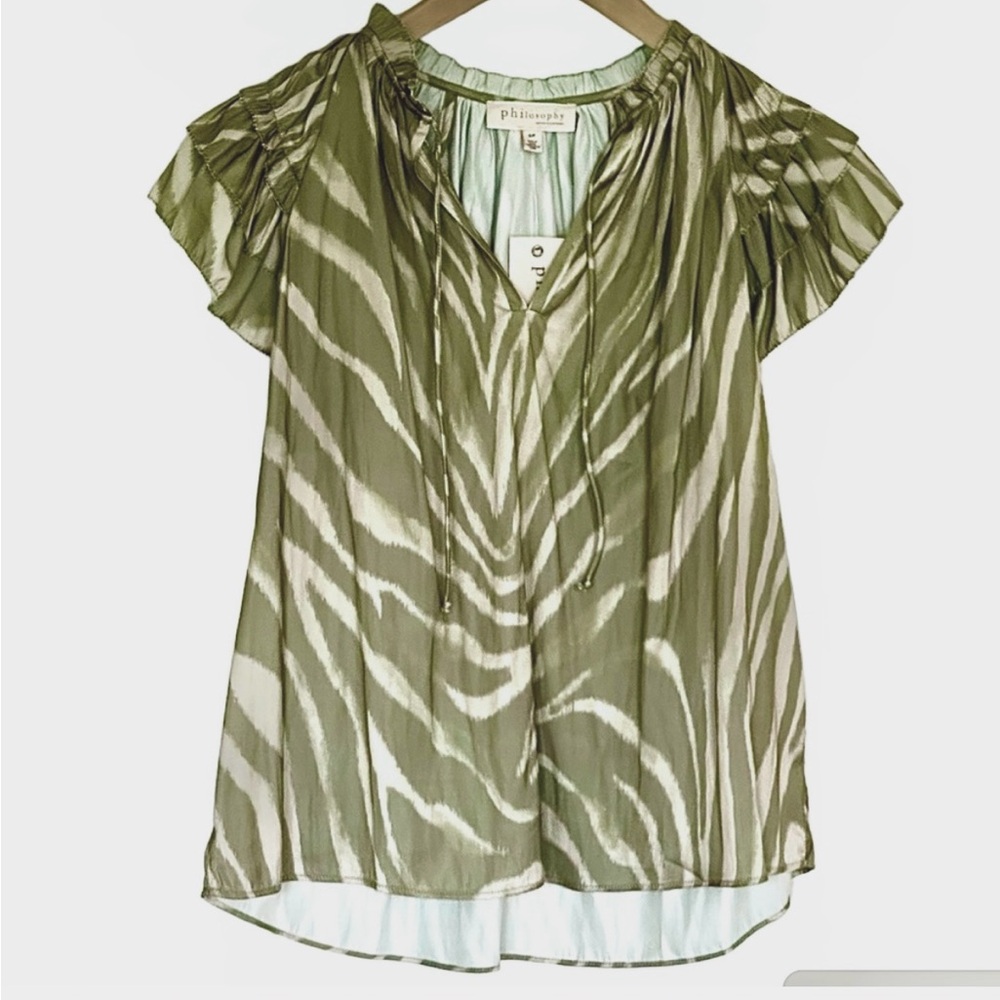 Philosophy V Neck Blouse Size Small Ruffled Cap Sleeve NEW WITH TAGS Olive Tones